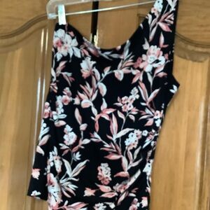 White House Black Market Black Floral Camisole with Pink & White Blooms
